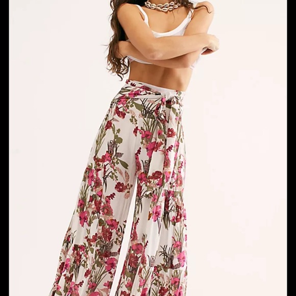 Free People FP one Aloha Pink and Green Floral Wide-Leg Pants - Picture 1 of 4